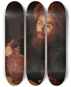 Triptych art skateboard deck of Willem Van Der Vliet Old Man With A Jug by Willem van der Vliet (1584-1642)