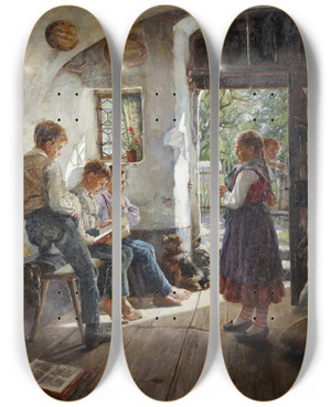 Triptych art skateboard deck of Hugo Lffler Preparing For The Lesson by Hugo Loffler (1859-1935)
