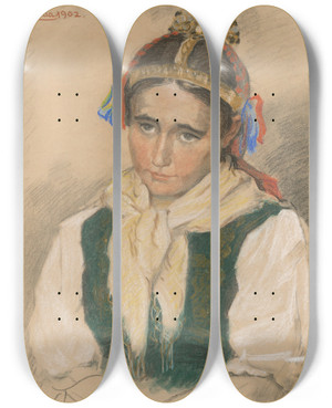 Triptych art skateboard deck of Jozef Hanula Za Frajerom by Jozef Hanula (1863-1944)
