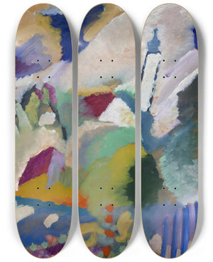 Triptych art skateboard deck of Wassily Kandinsky Murnau With Church I by Wassily Kandinsky (1866-1944)