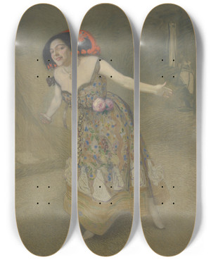 Triptych art skateboard deck of Sigmund Walter Hampel Spanische Tnzerin Portrt Der Mlle E by Sigmund Walter Hampel (1868-1949)