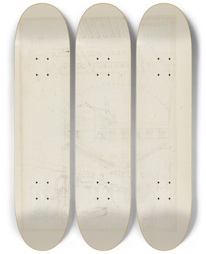 Triptych art skateboard deck of Augustus Charles Pugin Study For Water Engine Coldbath Fields Prison From Microcosm Of London by Augustus Charles Pugin (1762-1832)