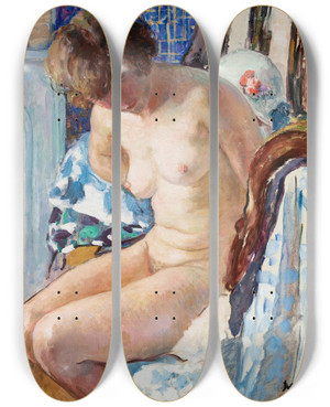 Triptych art skateboard deck of Henri Lebasque Nu Assis Prs De La Chemine by Henri Lebasque (1865-1937)