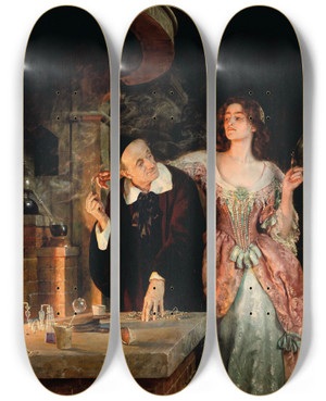 Triptych art skateboard deck of John Collier The Laboratory by John Collier (1850-1934)