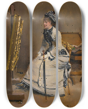 Triptych art skateboard deck of Jean Braud Femme Assise Devant Un Tableau by Jean Beraud (1849-1935)