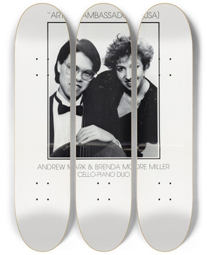 Triptych art skateboard deck of Us Information Agency Artistic Ambassador Usa Andrew Mark Brenda Moore Miller Cellopiano Duo by U S Information Agency (1953-1999)