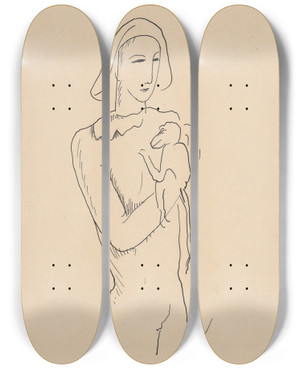 Triptych art skateboard deck of Mikul Galanda Harlequin With A Monkey On His Arm by Mikulas Galanda (1895-1938)