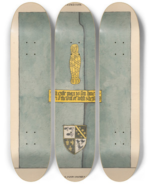 Triptych art skateboard deck of Daniel Lysons Brass Plate For John Skevington From Hornsey Church by Daniel Lysons (1762-1834)