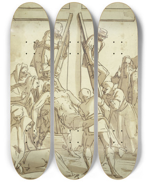 Triptych art skateboard deck of Luca Cambiaso Deposition From The Cross_1 by Luca Cambiaso (1527-1585)