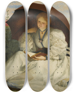 Triptych art skateboard deck of Charles Edward Perugini Reading On A Sunny Afternoon by Charles Edward Perugini (1839-1918)