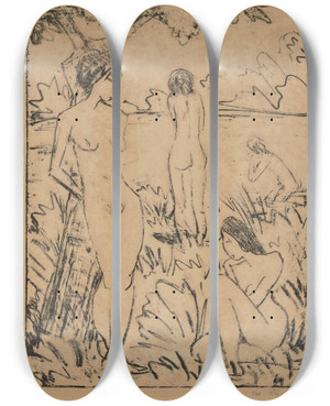 Triptych art skateboard deck of Otto Mueller Ein Am Baum Stehendes Ein Sitzendes Und Zwei Badende Mdchen Iii by Otto Mueller (1874-1930)