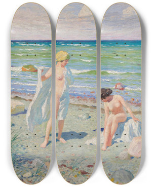 Triptych art skateboard deck of Paul Fischer After The Swim by Paul Fischer (1860-1934)