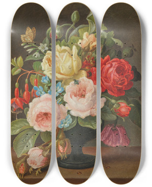 Triptych art skateboard deck of Christian Juel Mllback Floral Still Life_2 by Christian Juel Mollback (1853-1921)