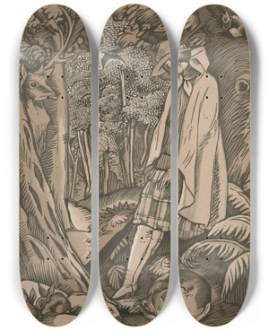 Triptych art skateboard deck of Fernand Simon La Chasseresse by Fernand Simeon (1884-1928)