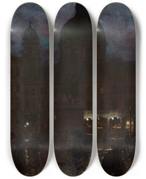 Triptych art skateboard deck of Aleksander Gierymski Wittelsbacher Platz In Munich At Night by Aleksander Gierymski (1850-1901)