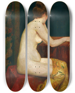 Triptych art skateboard deck of Sigismund Righini Female Sitting Nude by Sigismund Righini (1870-1937)