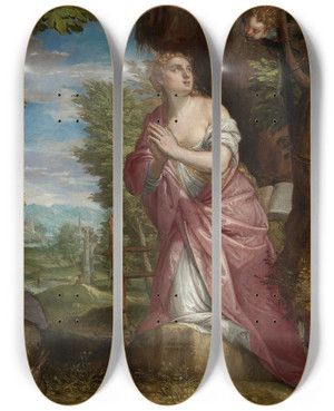 Triptych art skateboard deck of Carlo Caliari The Penitentmagdalene In A Landscape by Carlo Caliari (1567-1592)