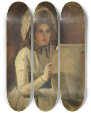 Triptych art skateboard deck of George Romney Lady Hamilton As Serena Reading A Newspaper by George Romney (1734-1802)