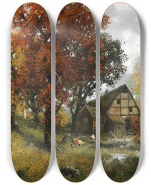 Triptych art skateboard deck of Adolf Kaufmann Mhle Im Herbstwald by Adolf Kaufmann (1848-1916)