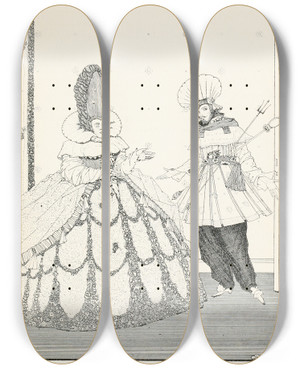 Triptych art skateboard deck of Harry Clarke I Will Have It So Replied The Queen And Will Eat Her With A Sauce Robert by Harry Clarke (1889-1931)