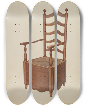 Triptych art skateboard deck of Ernest A Towers Jr Commode Chair by Ernest A Towers Jr (20-)
