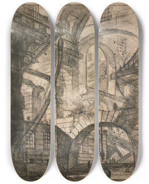 Triptych art skateboard deck of Giovanni Battista Piranesi Perspective Of Arches With A Smoking Fire Plate 6 From Carceri Dinvenzione by Giovanni Battista Piranesi (1720-1778)
