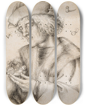 Triptych art skateboard deck of Urs Graf Bildnis Eines Mannes Mit Taschensonnenuhr by Urs Graf (1485-1527)