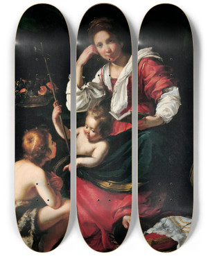 Triptych art skateboard deck of Bernardo Strozzi Madonna And Child With Infant Saint John by Bernardo Strozzi (1581-1644)