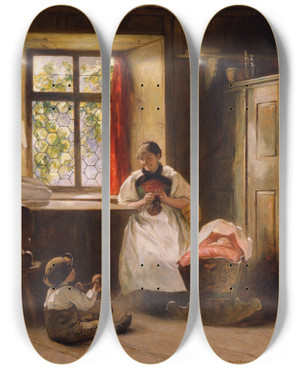 Triptych art skateboard deck of Emil Strecker Der Mitarbeiter Bauernstube by Emil Strecker (1841-1925)