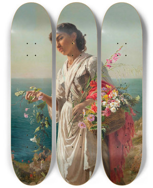 Triptych art skateboard deck of Sophie Anderson The Flower Girl Capri by Sophie Anderson (1823-1903)