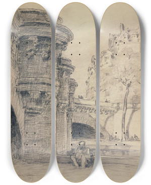 Triptych art skateboard deck of Ferdinand Boberg Trois Piles Du Pontneuf by Ferdinand Boberg (1860-1946)