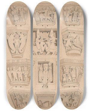Triptych art skateboard deck of John Sell Cotman Capitals And A B Basreliefs In The Abbey Church Of Saint Georges De Bocherville Near Rouen Normandy by John Sell Cotman (1782-1842)