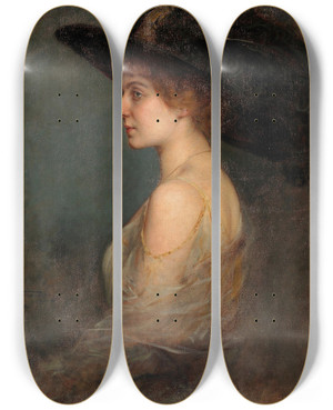 Triptych art skateboard deck of Arthur Von Ferraris Profilportrait Einer Dame Mit Groem Federgeschmcktem Hut by Arthur Von Ferraris (1856-1936)