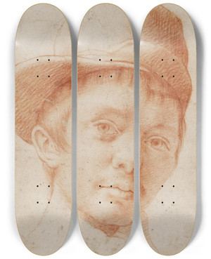 Triptych art skateboard deck of Cristofano Allori A Boy Wearing A Workmans Hat_1 by Cristofano Allori (1577-1621)