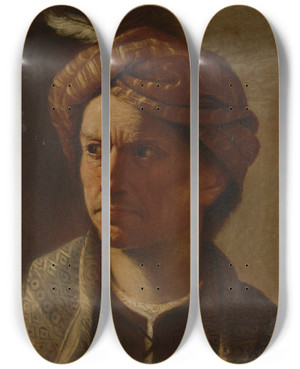 Triptych art skateboard deck of Pietro Paolini Portrait Of A Man Head And Shoulders Wearing A Turban by Pietro Paolini (1603-1681)