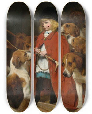 Triptych art skateboard deck of Charles Burton Barber The New Whip by Charles Burton Barber (1845-1894)