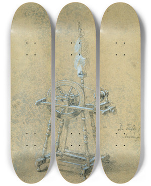 Triptych art skateboard deck of Johann Peter Krafft Studie Eines Spinnrockens by Johann Peter Krafft (1780-1856)