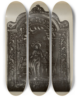 Triptych art skateboard deck of Moses Pa German Fire Back by Moses