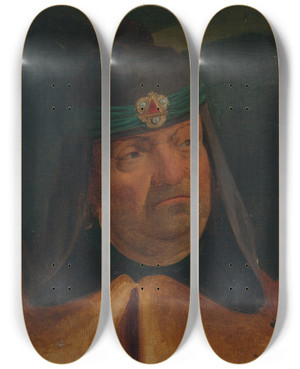 Triptych art skateboard deck of Adolf Schrdter  Studie Des Kopfes Eines Mannes Mit Schmuckstirnband Ber Kapuze by Adolf Schrodter (1805-1875)