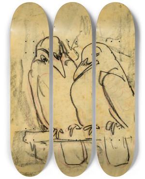 Triptych art skateboard deck of Theo Van Hoytema Twee Kauwtjes by Theo Van Hoytema (1863-1917)