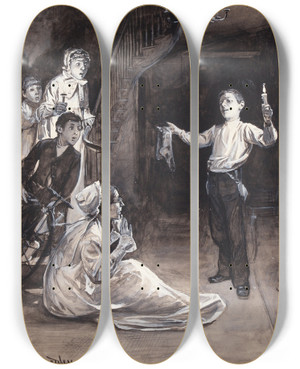 Triptych art skateboard deck of William Thomas Smedley A Tale Under Candlelight by William Thomas Smedley (1858-1920)