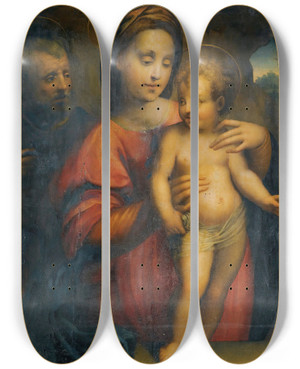 Triptych art skateboard deck of Domenico Puligo Holy Family With The Madonna Supporting The Standing Christ Child On A Stone Ledge by Domenico Puligo (1492-1527)
