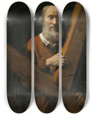 Triptych art skateboard deck of Nicolaes Maes Saint Andrew by Nicolaes Maes (1634-1693)