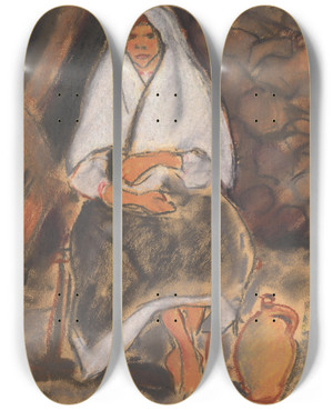 Triptych art skateboard deck of Zolo Palugyay Seated Girl With A Jug by Zolo Palugyay (1898-1935)
