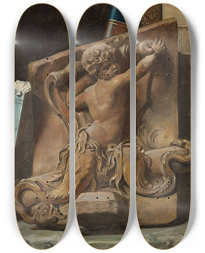 Triptych art skateboard deck of Julien Lopold Boilly Trompe Loeil Of A Bookshelf With A Terracotta Relief by Julien Leopold Boilly (1796-1874)