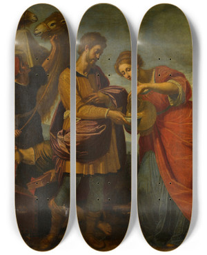 Triptych art skateboard deck of Workshop Of Ottavio Vannini Rebecca And Eliezer At The Well by Workshop Of Ottavio Vannini (1585-1643)