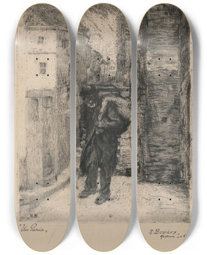 Triptych art skateboard deck of Ren Bosiers A Pariah by Rene Bosiers (1875-1927)