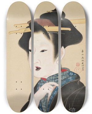 Triptych art skateboard deck of Gion Seitoku Portrait Of A Woman by Gion Seitoku (1789-1830)