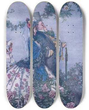 Triptych art skateboard deck of William Heath Robinson The Respectable Gentleman by William Heath Robinson (1872-1944)