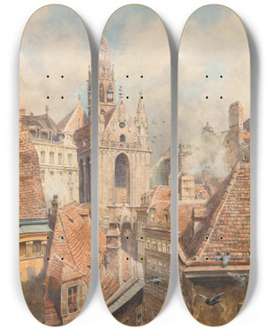 Triptych art skateboard deck of Karl Schnorpfeil Maria Am Gestade Church And Roofs Of Houses by Karl Schnorpfeil (1875-1937)